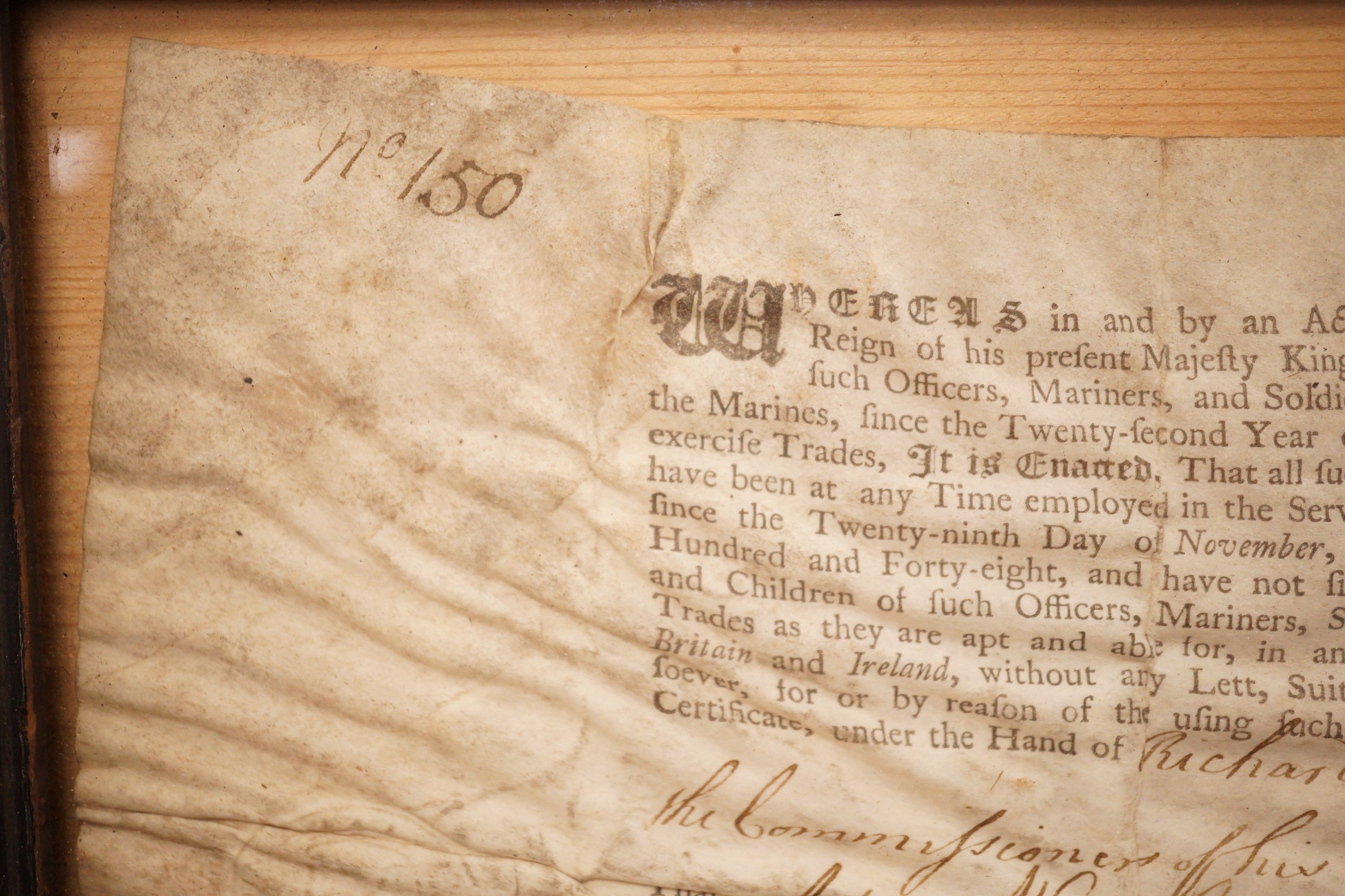 A framed Press Gang exemption for Adam Waterhouse of HMS Foudroyant, dated 1763